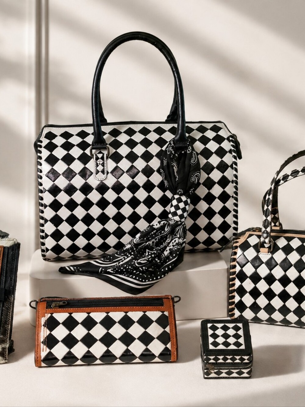 Brand New - Large Black & White Checkered Speedy Bag w/Scarf and Crossbody Strap
